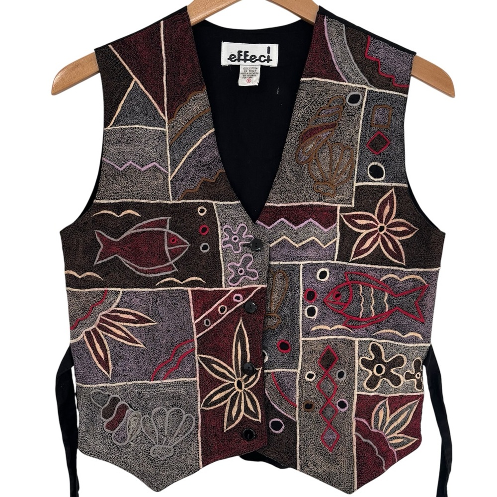 vtg 90s aquatic tapestry style embroidered vest, effeci size small